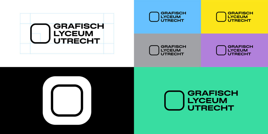 Het Grafisch Lyceum Utrecht logo op diverse achtergrondkleuren.